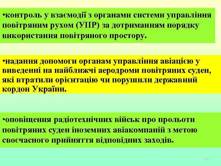  • контроль у взаємодії з органами системи управління повітряним рухом (УПР) за дотриманням