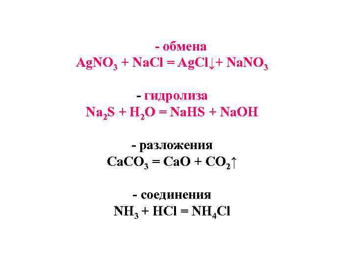  обмена Ag. NO 3 + Na. Cl = Ag. Cl↓+ Na. NO 3