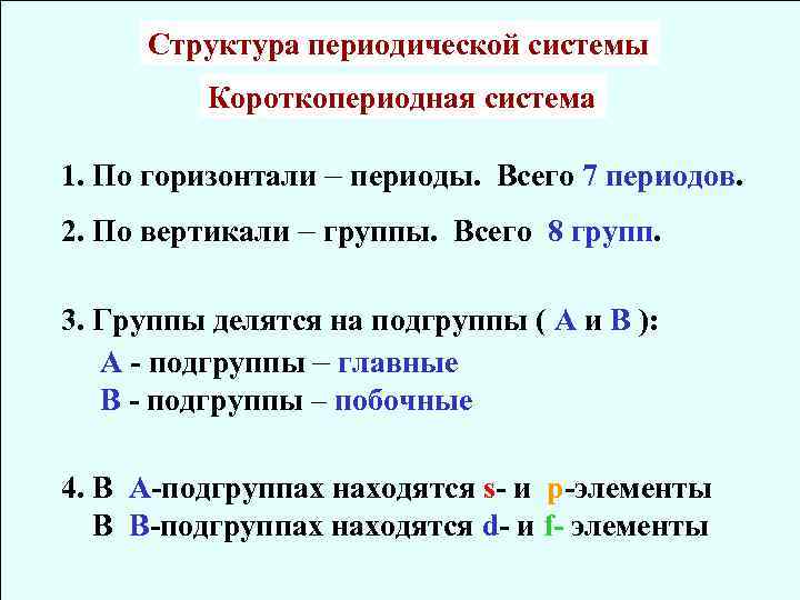 Структура периодической системы Короткопериодная система 1. По горизонтали – периоды. Всего 7 периодов. 2.