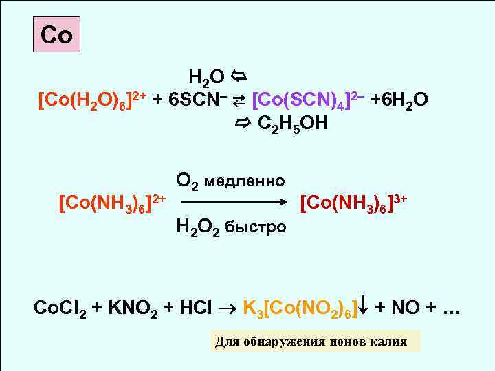 Co H 2 O [Co(H 2 O)6]2+ + 6 SCN– ⇄ [Co(SCN)4]2– +6 H