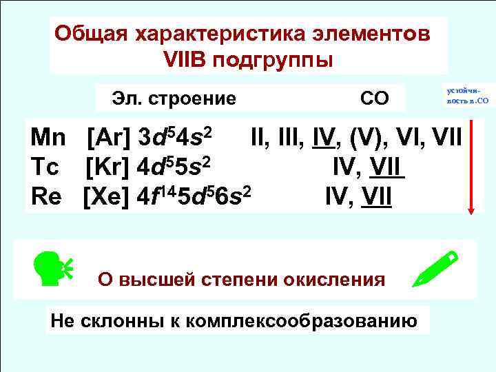Общая характеристика элементов VIIB подгруппы Эл. cтроение устойчивость в. СО СО Mn [Ar] 3