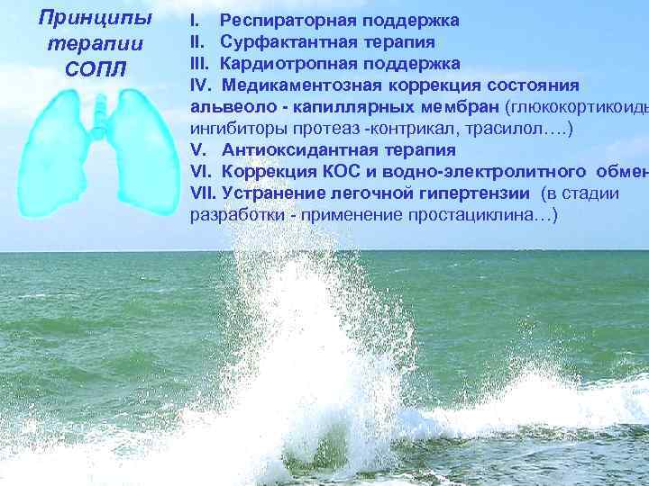 Принципы терапии СОПЛ I. Респираторная поддержка II. Сурфактантная терапия III. Кардиотропная поддержка IV. Медикаментозная