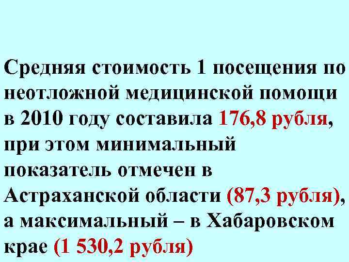 Средняя стоимость 1 посещения по неотложной медицинской помощи в 2010 году составила 176, 8