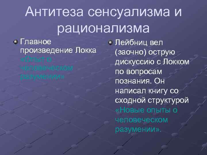 Антитеза сенсуализма и рационализма Главное произведение Локка «Опыт о человеческом разумении» Лейбниц вел (заочно)