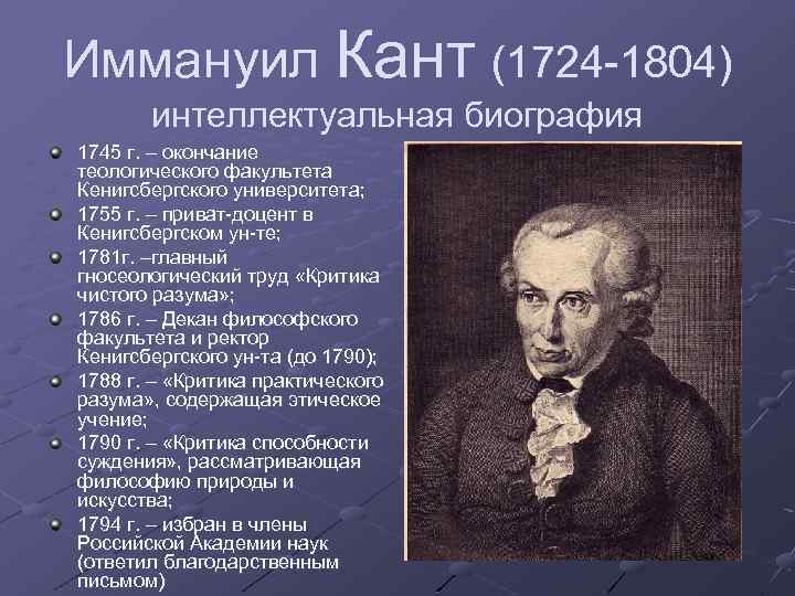 Иммануил Кант (1724 -1804) интеллектуальная биография 1745 г. – окончание теологического факультета Кенигсбергского университета;