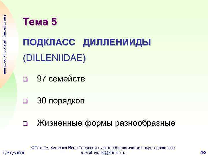 Систематика цветковых растений Тема 5 ПОДКЛАСС ДИЛЛЕНИИДЫ (DILLENIIDAE) q 97 семейств q 30 порядков
