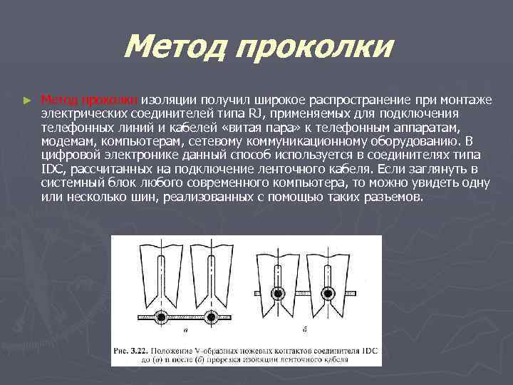 Метод проколки ► Метод проколки изоляции получил широкое распространение при монтаже электрических соединителей типа