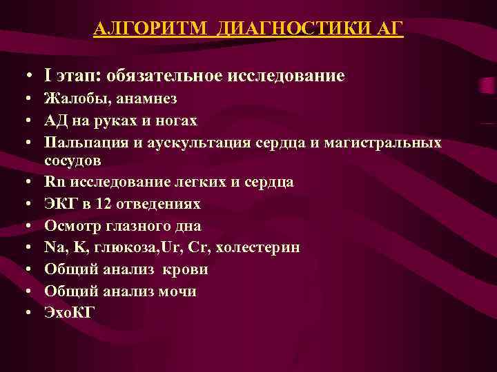 АЛГОРИТМ ДИАГНОСТИКИ АГ • I этап: обязательное исследование • Жалобы, анамнез • АД на