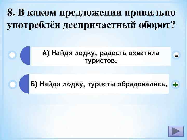 8. В каком предложении правильно употреблён деепричастный оборот? А) Найдя лодку, радость охватила туристов.