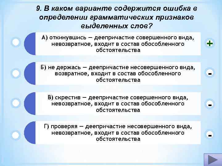 9. В каком варианте содержится ошибка в определении грамматических признаков выделенных слов? А) откинувшись
