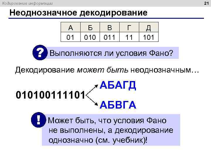 21 Кодирование информации Неоднозначное декодирование А 01 ? Б 010 В 011 Г 11