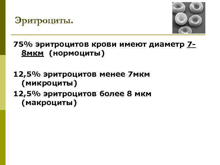 Эритроциты. 75% эритроцитов крови имеют диаметр 78 мкм (нормоциты) 12, 5% эритроцитов менее 7