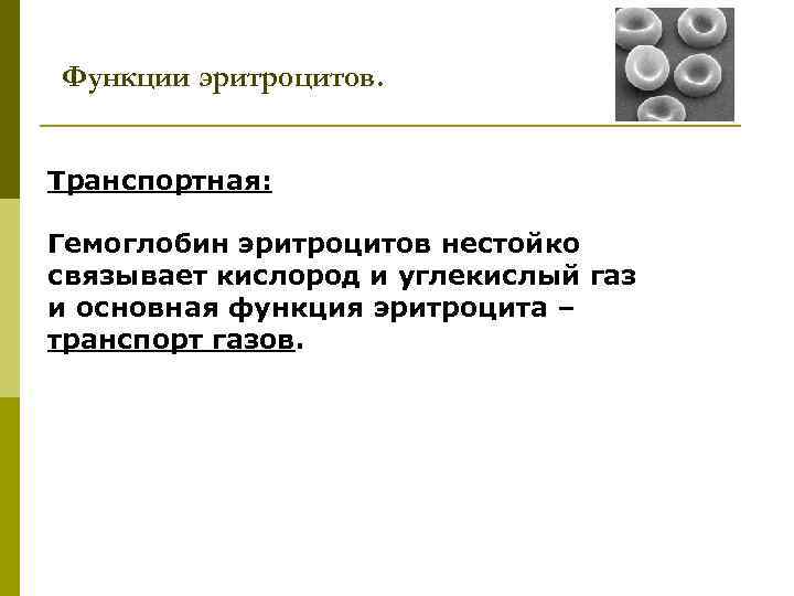 Функции эритроцитов. Транспортная: Гемоглобин эритроцитов нестойко связывает кислород и углекислый газ и основная функция