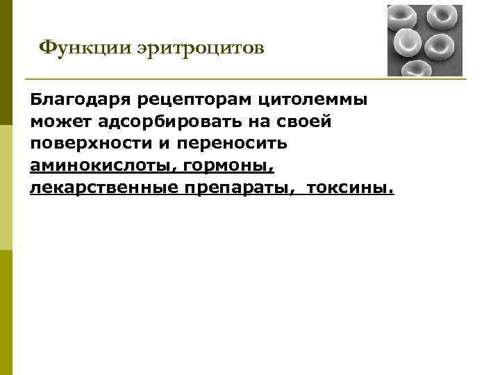 Функции эритроцитов Благодаря рецепторам цитолеммы может адсорбировать на своей поверхности и переносить аминокислоты, гормоны,