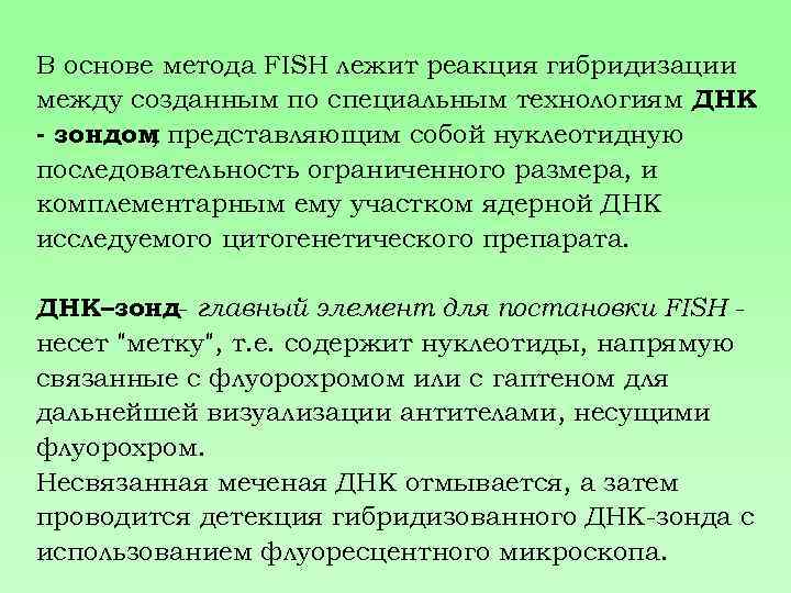В основе метода FISH лежит реакция гибридизации между созданным по специальным технологиям ДНК -