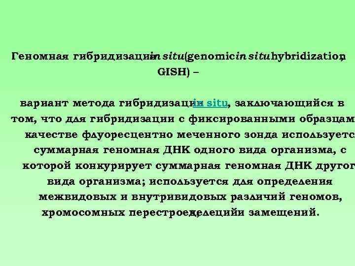 Геномная гибридизация situ (genomicin situ hybridization in , GISH) – вариант метода гибридизации situ,