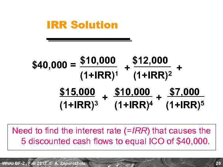 IRR Solution $10, 000 $12, 000 $40, 000 = + + (1+IRR)1 (1+IRR)2 $15,