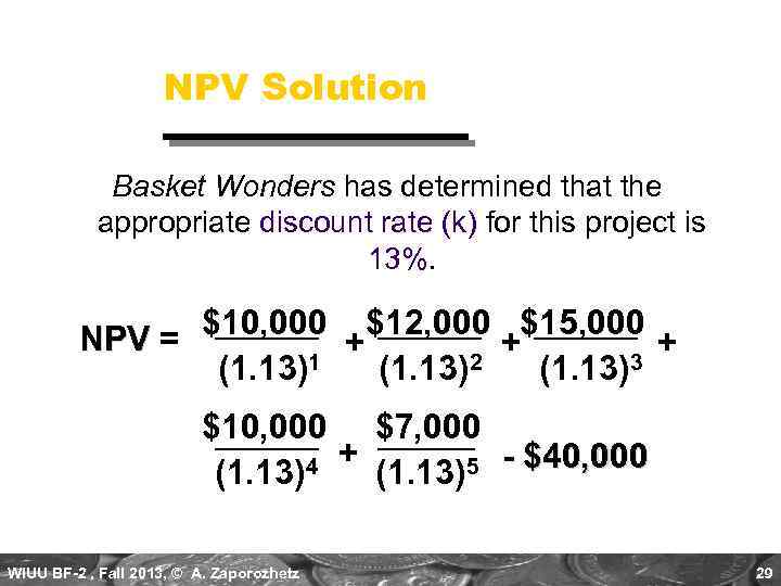 NPV Solution Basket Wonders has determined that the appropriate discount rate (k) for this