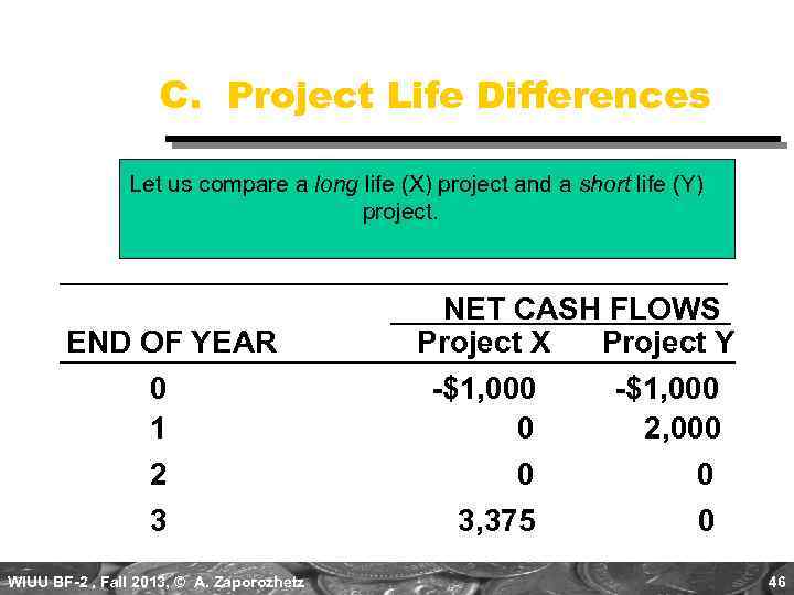 C. Project Life Differences Let us compare a long life (X) project and a