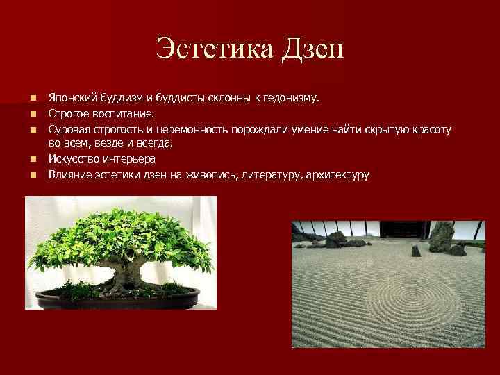 Эстетика Дзен n n n Японский буддизм и буддисты склонны к гедонизму. Строгое воспитание.
