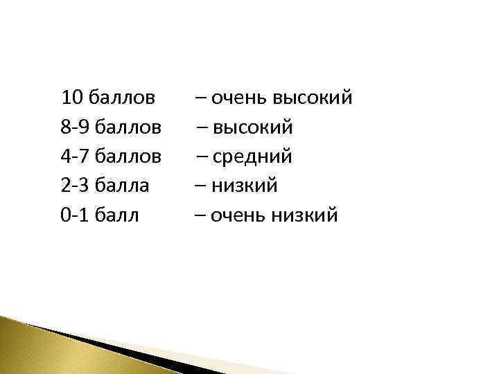  10 баллов – очень высокий 8 9 баллов – высокий 4 7 баллов