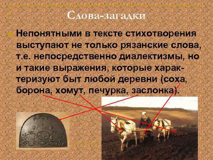 Слова-загадки n Непонятными в тексте стихотворения выступают не только рязанские слова, т. е. непосредственно