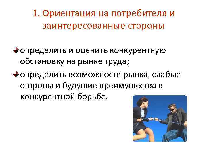 1. Ориентация на потребителя и заинтересованные стороны определить и оценить конкурентную обстановку на рынке