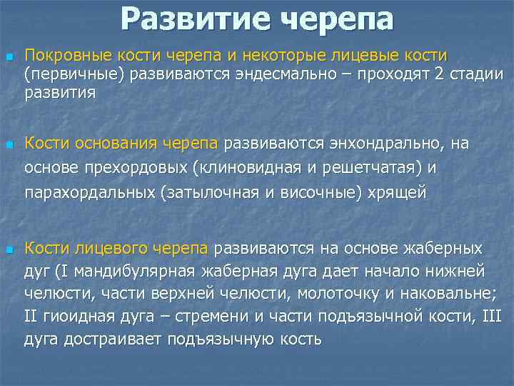 Развитие черепа n n n Покровные кости черепа и некоторые лицевые кости (первичные) развиваются