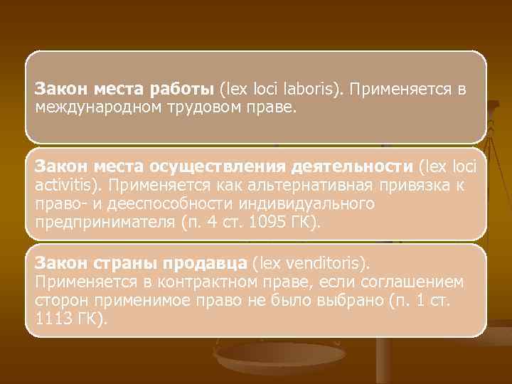 Закон места работы (lex loci laboris). Применяется в международном трудовом праве. Закон места осуществления