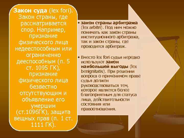 Закон суда (lex fori). Закон страны, где рассматривается спор. Например, признание физического лица недееспособным