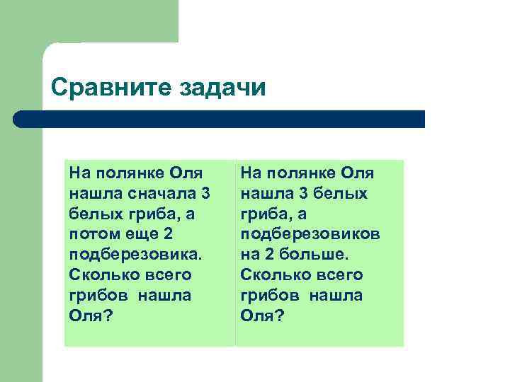 Сравните задачи На полянке Оля нашла сначала 3 белых гриба, а потом еще 2