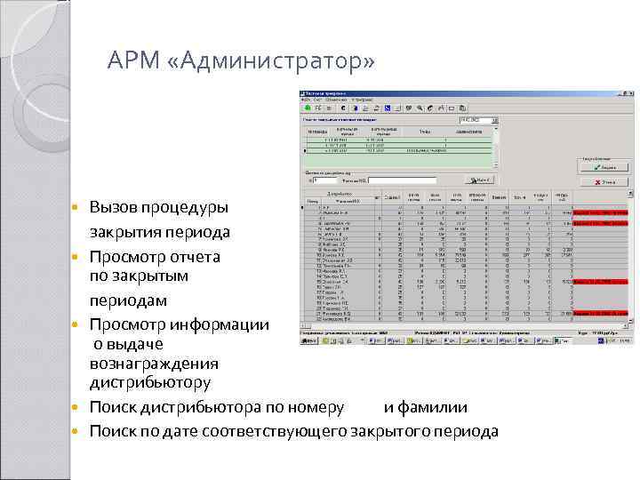 АРМ «Администратор» Вызов процедуры закрытия периода Просмотр отчета по закрытым периодам Просмотр информации о