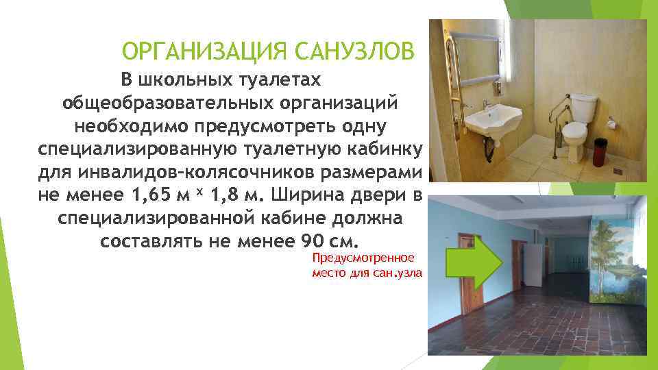 ОРГАНИЗАЦИЯ САНУЗЛОВ В школьных туалетах общеобразовательных организаций необходимо предусмотреть одну специализированную туалетную кабинку для