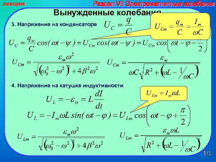 Вынужденные колебания 3. Напряжение на конденсаторе 4. Напряжение на катушке индуктивности 
