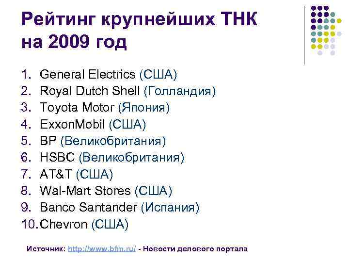 Рейтинг крупнейших ТНК на 2009 год 1. General Electrics (США) 2. Royal Dutch Shell