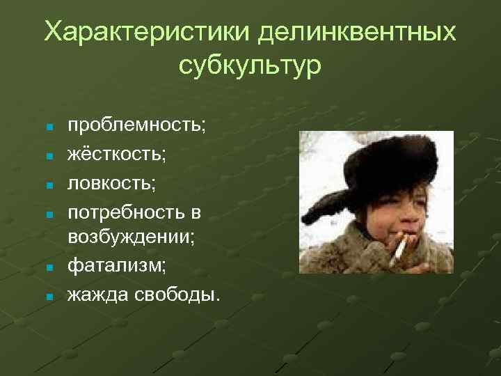 Характеристики делинквентных субкультур n n n проблемность; жёсткость; ловкость; потребность в возбуждении; фатализм; жажда