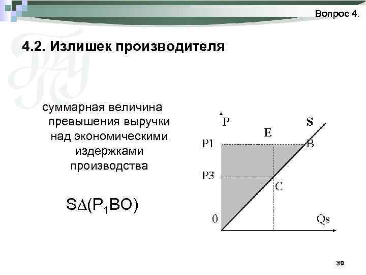 Вопрос 4. 2. Излишек производителя суммарная величина превышения выручки над экономическими издержками производства S∆(P