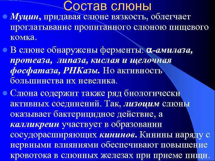 l Муцин, Состав слюны придавая слюне вязкость, облегчает проглатывание пропитанного слюною пищевого комка. l