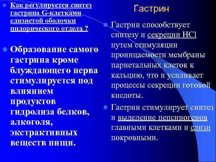 l Как регулируется синтез гастрина G клетками слизистой оболочки пилорического отдела ? Гастрин способствует