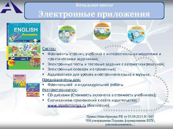 Начальная школа Электронные приложения Состав: • Фрагменты страниц учебника с интерактивными моделями и практическими