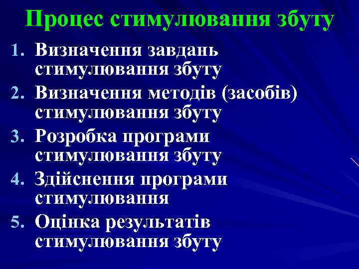 Процес стимулювання збуту 1. Визначення завдань 2. 3. 4. 5. стимулювання збуту Визначення методів