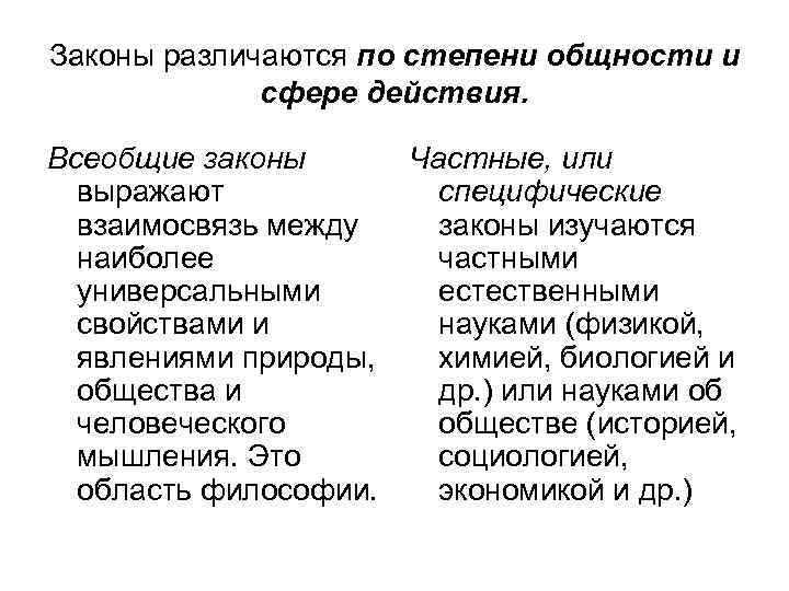 Законы различаются по степени общности и сфере действия. Всеобщие законы выражают взаимосвязь между наиболее