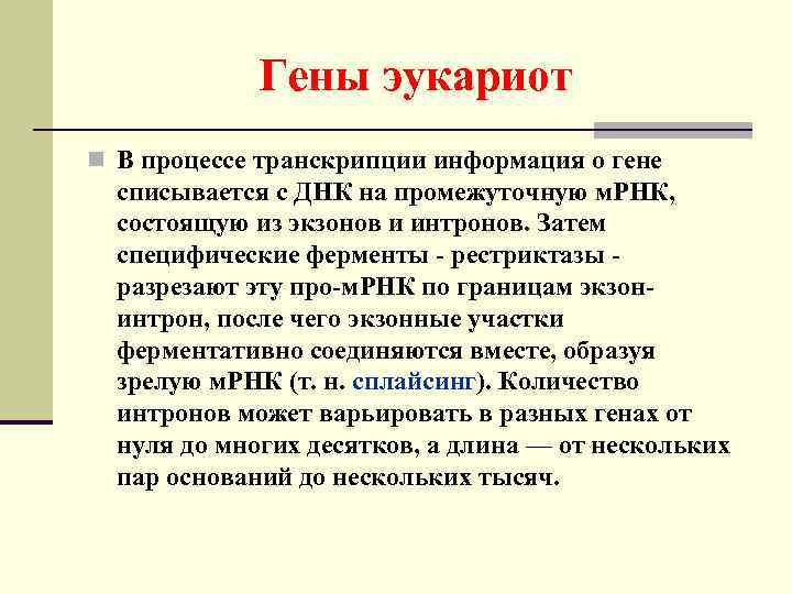 Гены эукариот n В процессе транскрипции информация о гене списывается с ДНК на промежуточную