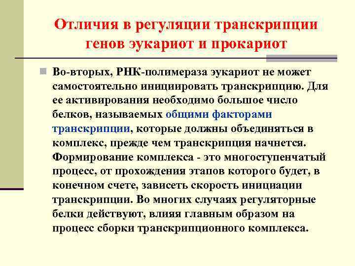 Отличия в регуляции транскрипции генов эукариот и прокариот n Во-вторых, РНК-полимераза эукариот не может