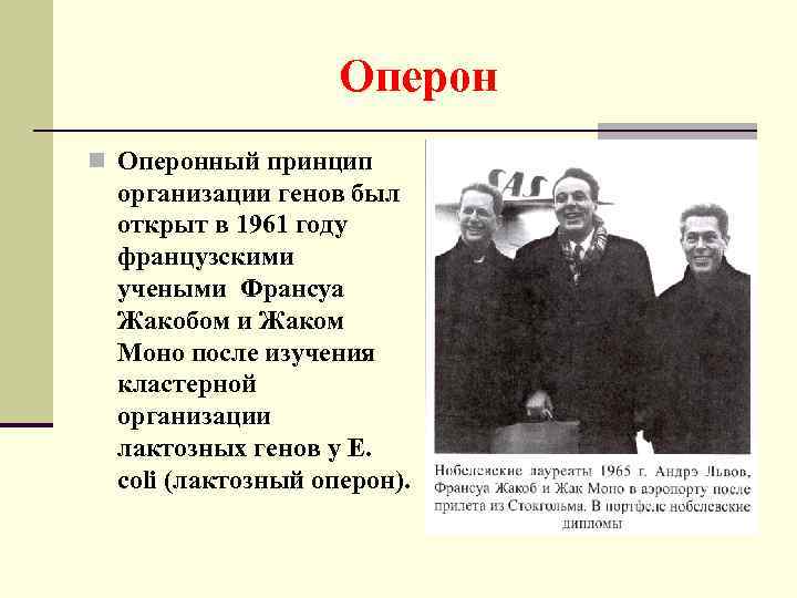 Оперон n Оперонный принцип организации генов был открыт в 1961 году французскими учеными Франсуа
