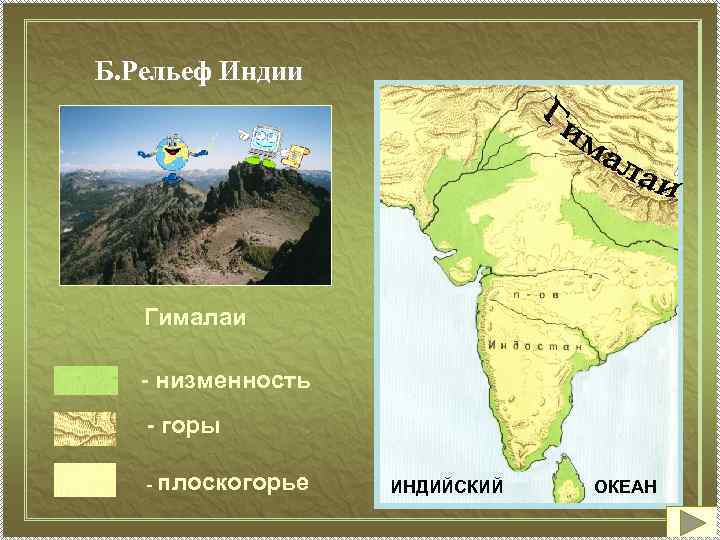 Б. Рельеф Индии Гималаи - низменность - горы - плоскогорье ИНДИЙСКИЙ ОКЕАН 