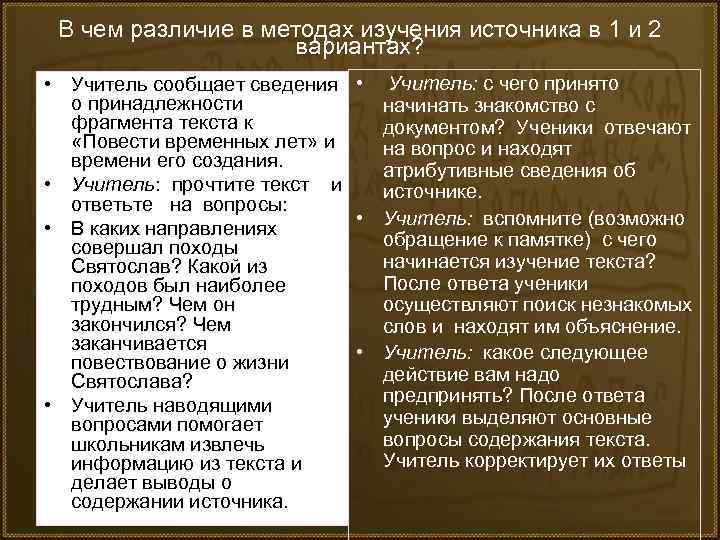 В чем различие в методах изучения источника в 1 и 2 вариантах? • Учитель
