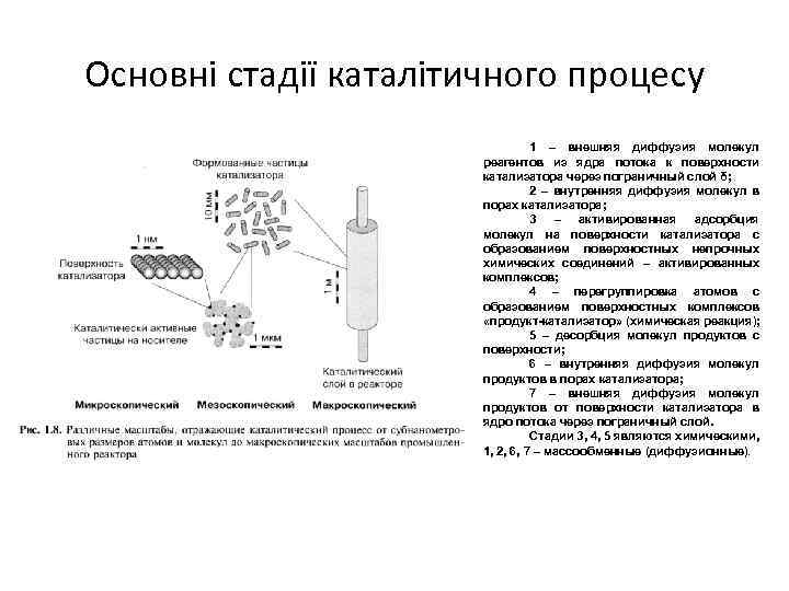 Основні стадії каталітичного процесу 1 – внешняя диффузия молекул реагентов из ядра потока к
