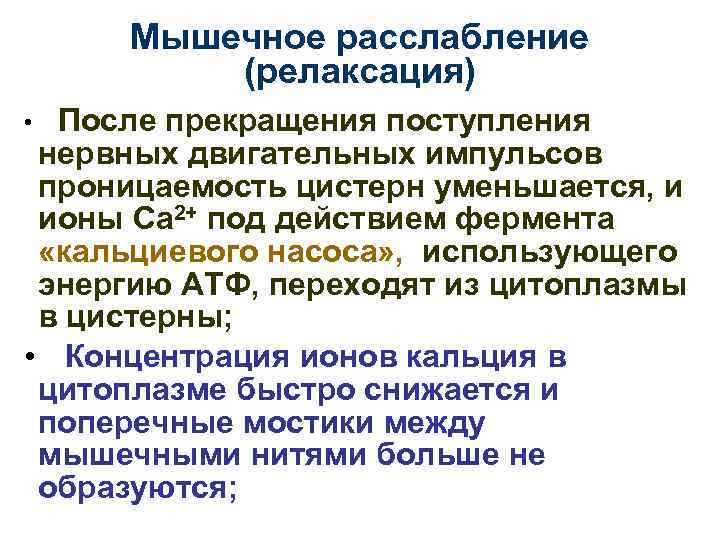 Мышечное расслабление (релаксация) После прекращения поступления нервных двигательных импульсов проницаемость цистерн уменьшается, и ионы