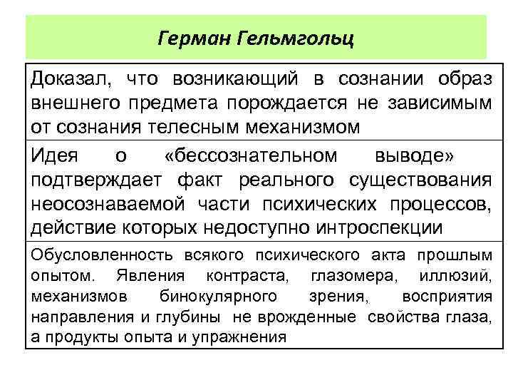 Герман Гельмгольц Доказал, что возникающий в сознании образ внешнего предмета порождается не зависимым от